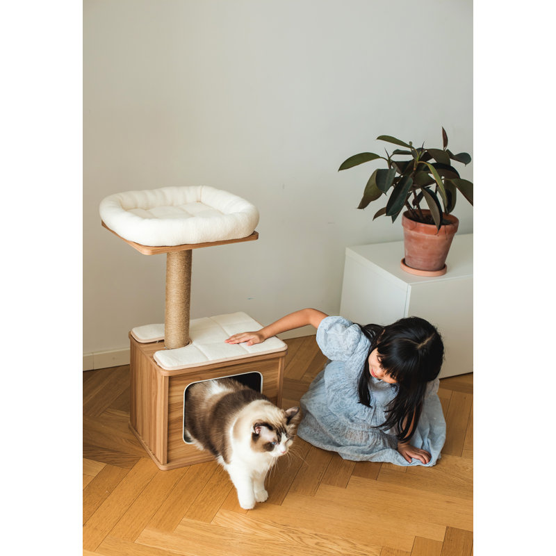 Natural Wood and White 30" Cat Tree with Sisal Post