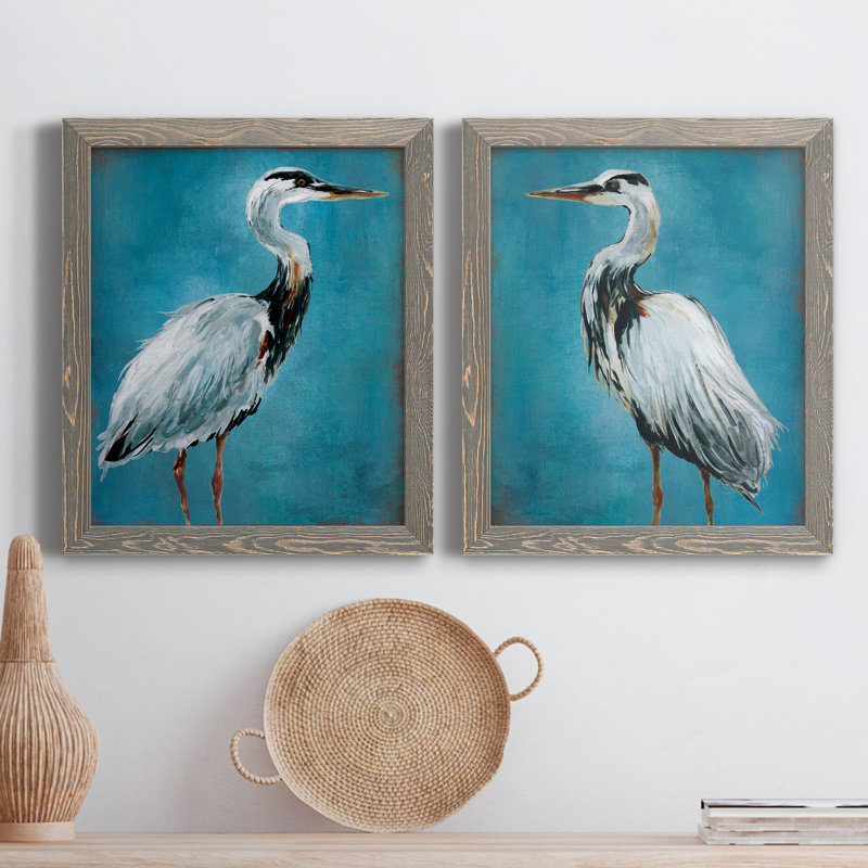 «Great Blue Heron I», ensemble de 2 peintures sur toile encadrées, H 20 po x l 34 po x P 1,5 po, Encadré gris