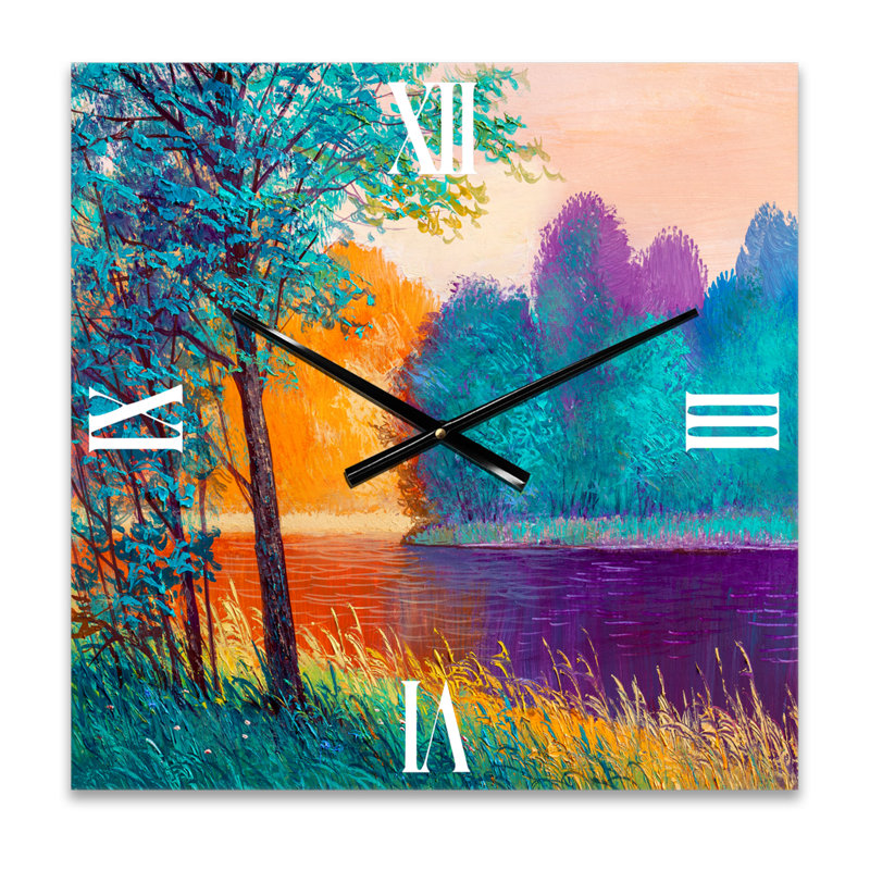 Rivière colorée entre les arbres au crépuscule - horloge murale traditionnelle, Petit
