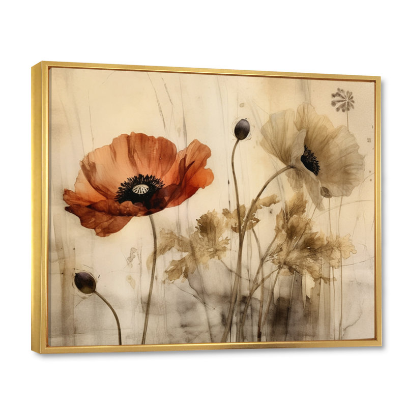 Brilliant Poppies II - art mural floral, Cadre flottant doré, H 34 po x l 44 po x P 1,5 po
