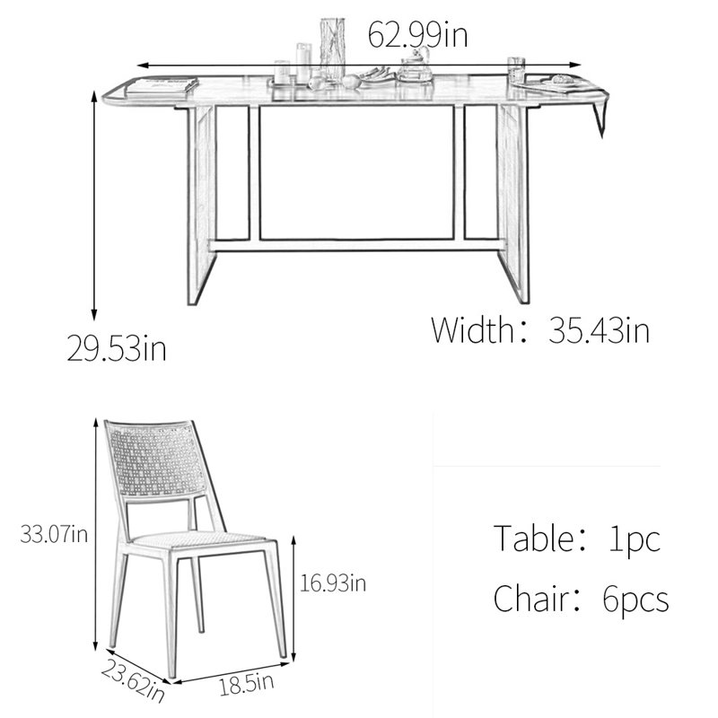 Rattan solid wood dining table set, 7
