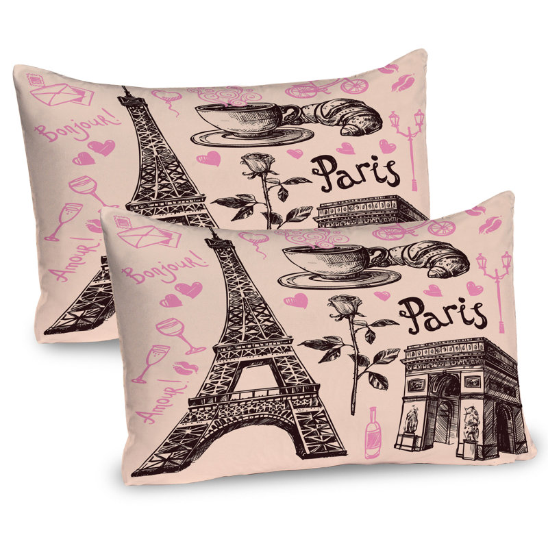 Ambesonne Eiffel Tower Pillow Sham 2 Pack Bakery in Paris Eiffel 36"x20" Pink Dark Brown