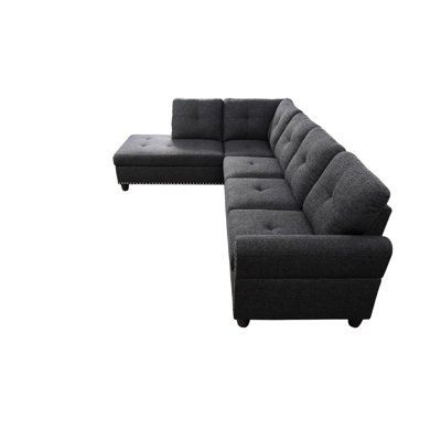 98" Left Hand Facing 2 - Piece & Chaise, Charcoal Grey Linen Blend, Round Arm Style, Nailhead Trim, Foam Filled Comfort Seating, Removable Backs, Seats Five For Lounge Areas Chaise In Linen, Arms,
