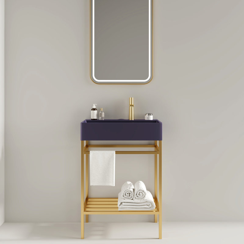 Lavabo de salle de bain en céramique - Lavabo rectangulaire autoportant 24 po, pattes dorées, lavabo console violet lustré, rangement efficace avec lavabo rectangulaire, lavabo, tablettes en métal, conception fonctionnelle