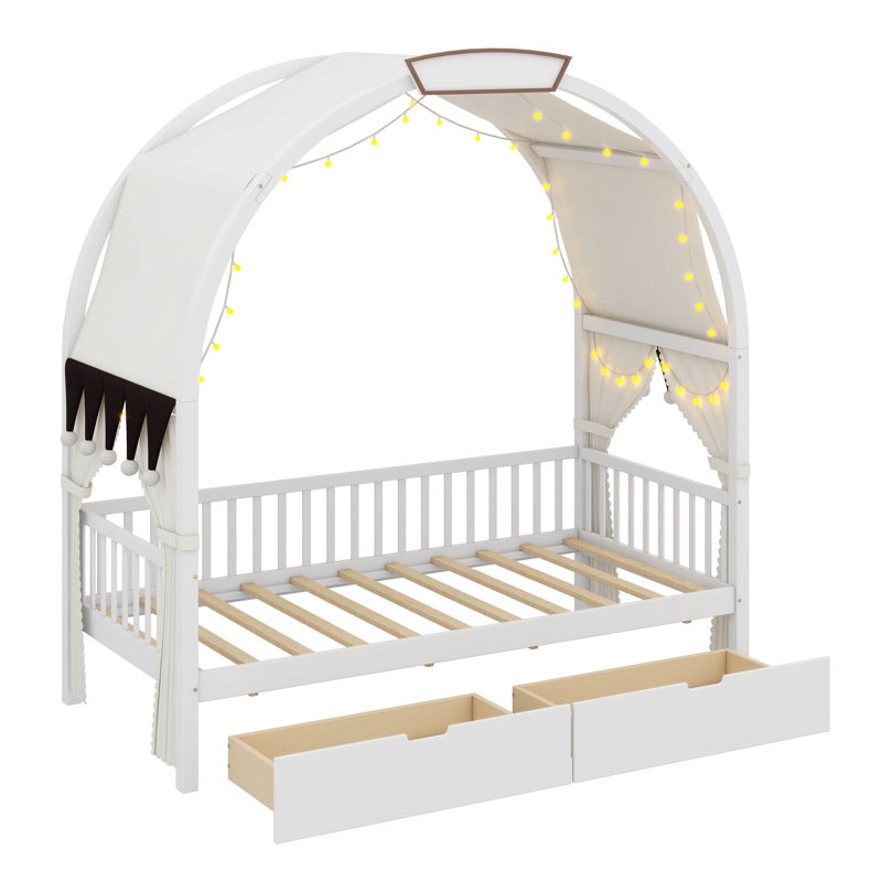 Twin-Size Bed With An Arched Roof And Two Built-In Drawers, White