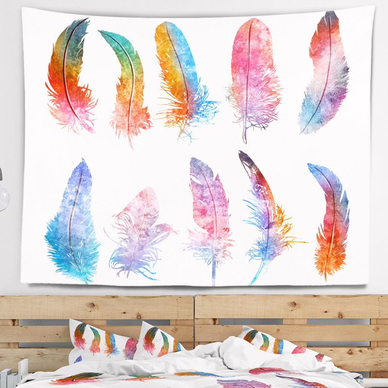 Tapisserie de plumes d'arc-en-ciel Floral, H 50 po x l 60 po