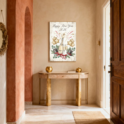 «Happy New Year 2026», bouteille de champagne et verres avec étoiles et chapeaux supérieurs, reproduction d'art sur toile tendue sur toile, ensemble de 1