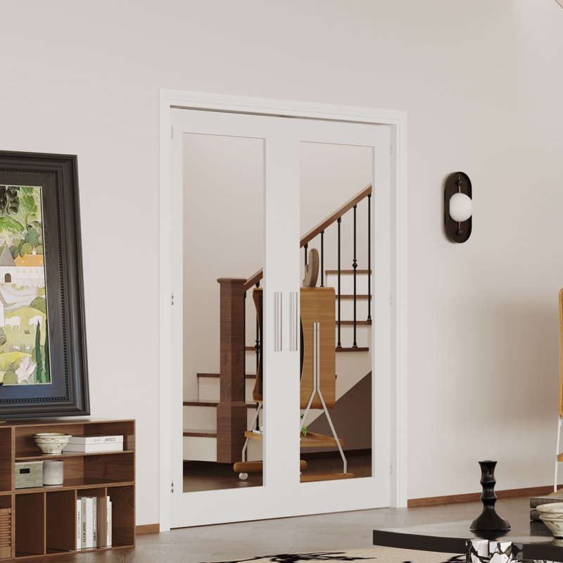 Portes doubles en dalle - 1 panneau de fibres à densité moyenne blanc avec panneau de miroir, porte de garde-manger intérieure contemporaine (poignée, loquet et goupille inclus, à peindre)