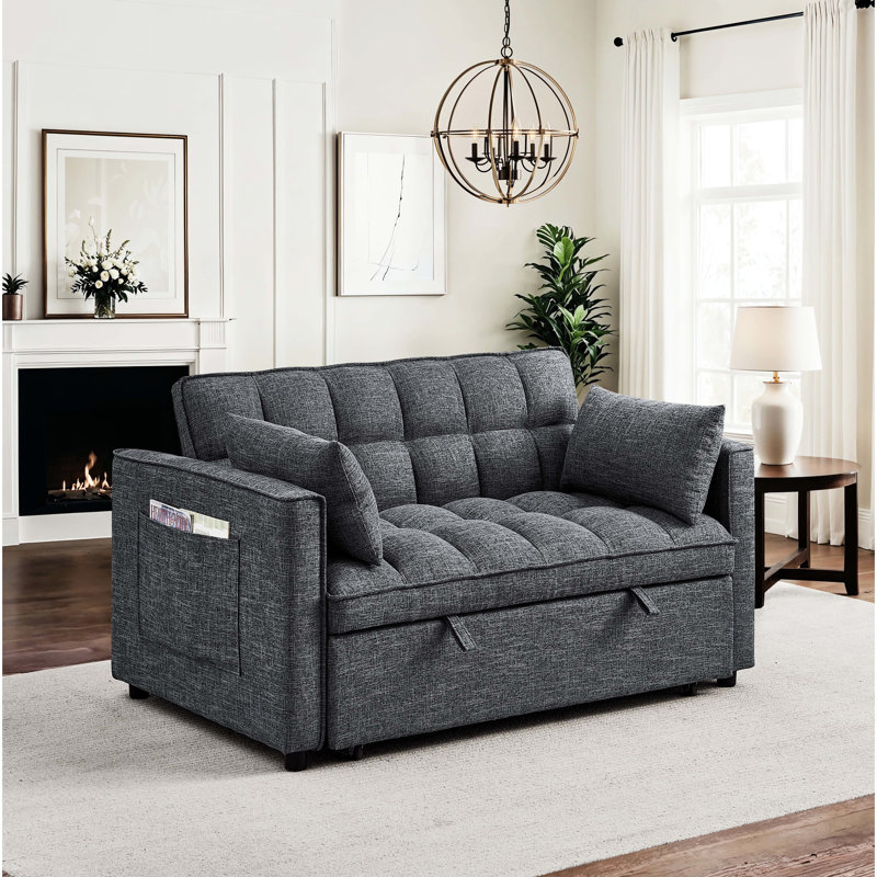 Convertible, siège gris à 2 places avec dossier pliable, extension de chaise longue et rangement latéral pour les télécommandes, petits espaces invités convenables dans les appartements