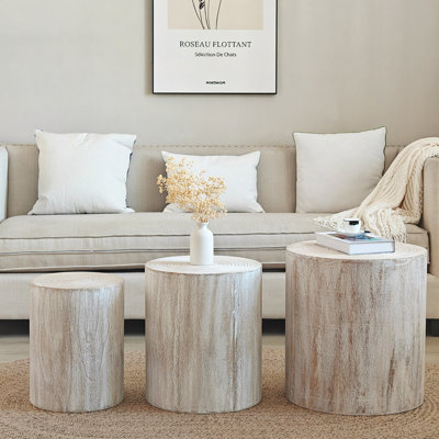 Ensemble de 3 tables basses rondes en bois, tables de bout, supports à plantes et pièces décoratives