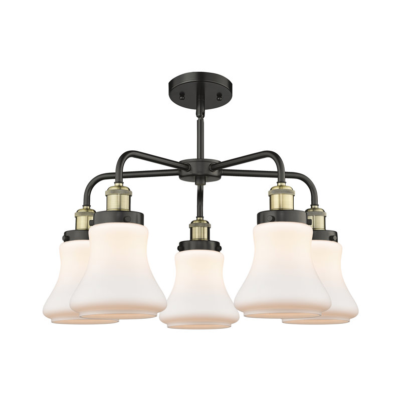 Lustre suspendu 5 lumières 24 po Bhanupriya, Blanc mat, Laiton antique noir
