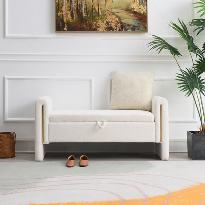Banc de bout moderne avec accoudoirs et rangement, grand tabouret de repose-pieds rembourré, banc de meuble-lavabo de fenêtre confortable pour salon, chambre à coucher, dortoir, table basse, crème Teddy