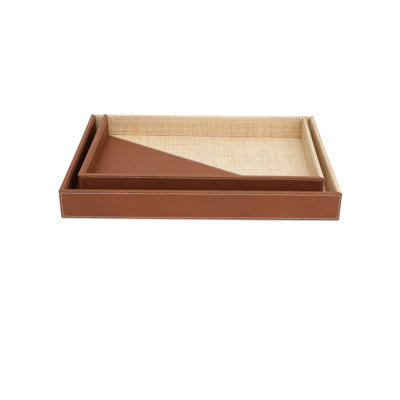 Leather & Raffia Tray Set Of 2
