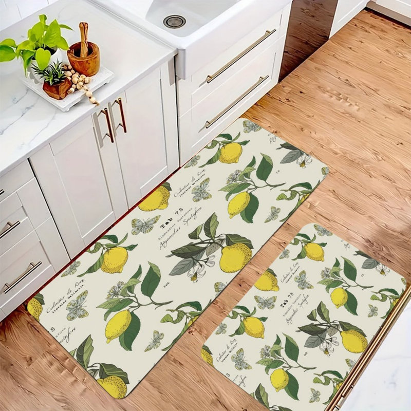 Cream Vintage Botanical Lemon Kitchen Mats,2 Pack,Retro Decor For Kitchen & Laundry Room