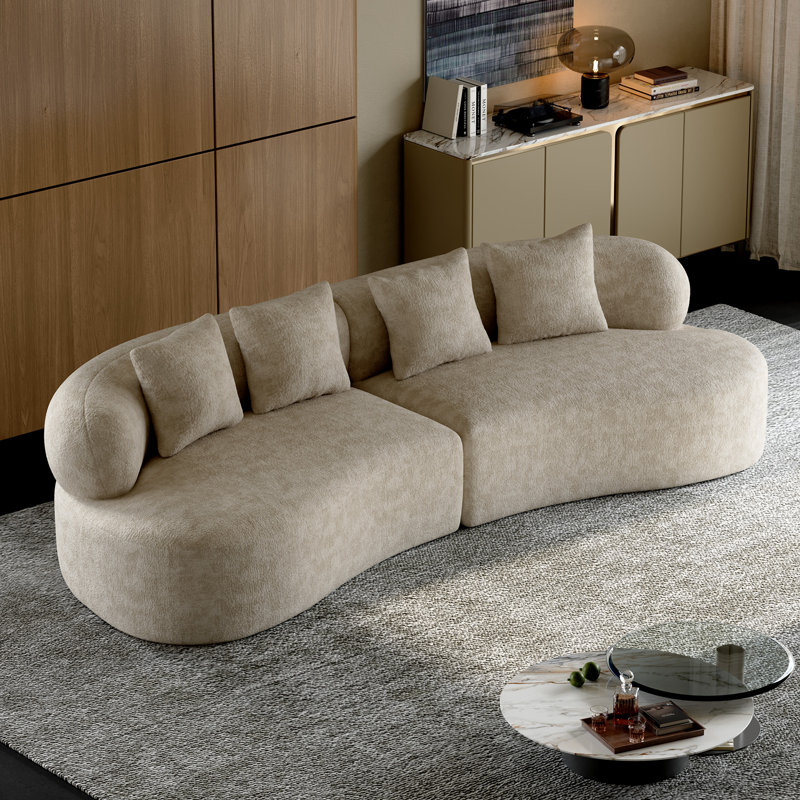 Canapé modulaire courbé deux pièces à assise profonde en chenille, Chenille brun clair