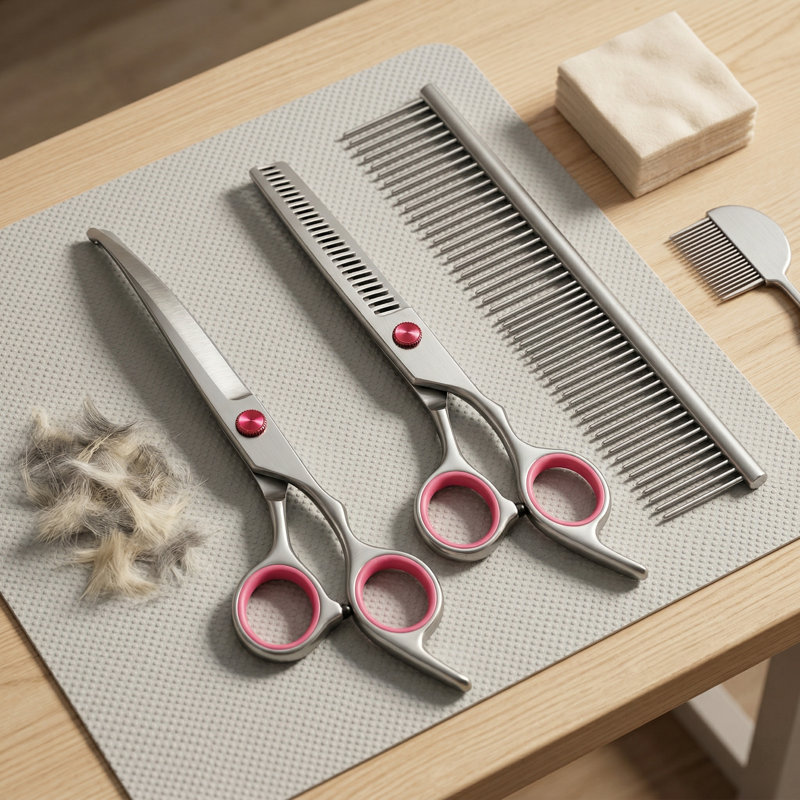 Ensemble de ciseaux de toilettage pour animaux de compagnie avec pointes rondes de sécurité, comprenant des ciseaux à effiler et courbés et un peigne pour chiens et chats, adapté à la main droite