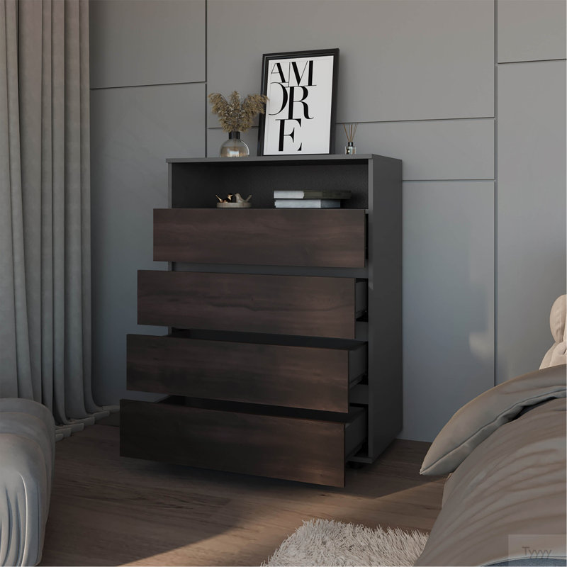 Commode 4 tiroirs en noyer teinté avec tablette ouverte