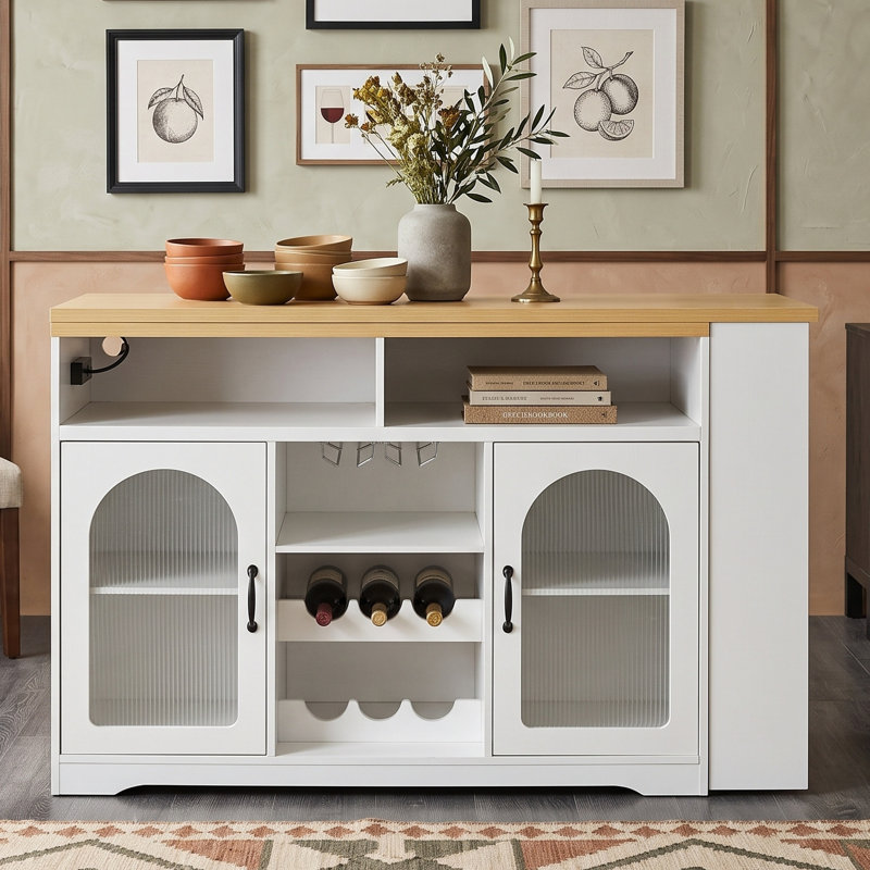 Buffet moderne à éclairage DEL avec plateau coulissant extensible, portes en acrylique, casier à vin, étagères réglables et prise latérale