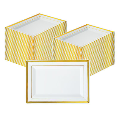 Restaurantware Rectangular Serving Plates 10 Count 7.5 x 5.25 Inch Gold-Rimmed Plastic White Disposable Buffet Plates Greaseproof Elegant Dinner Plates Warm and Cold Food Friendly
