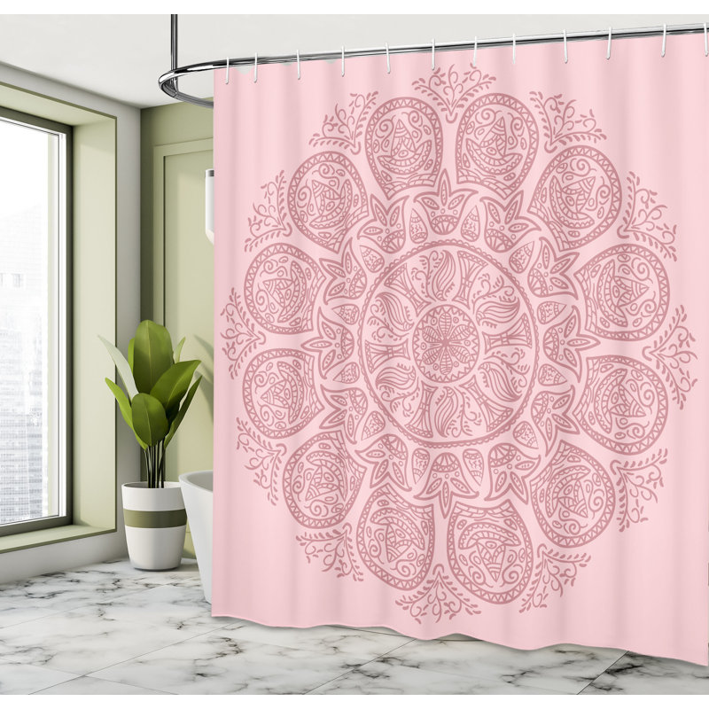 Pale Pink Ornamental Fabric Shower Curtain with Hooks