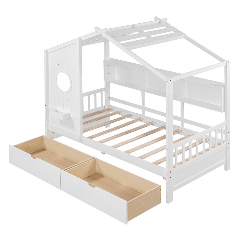 Wooden House Bed With 2 Drawers, Twin, White