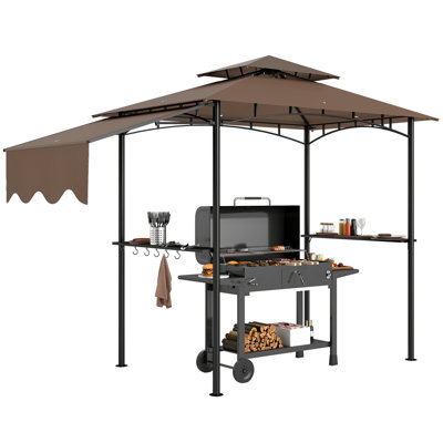 Pavillon de jardin grillagé 8 pi x 5 pi, pavillon de jardin extérieur à deux niveaux avec auvent latéral, 2 tablettes latérales et 6 crochets pour patio, terrasse, cour, gris foncé