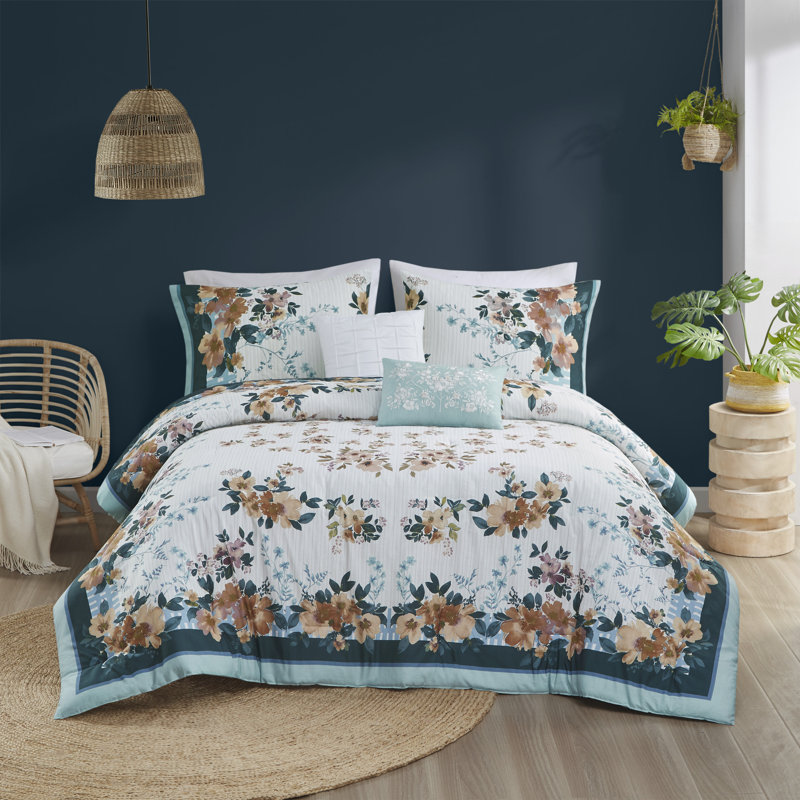 Gray Floral Cotton 5-Piece Bedspread Set