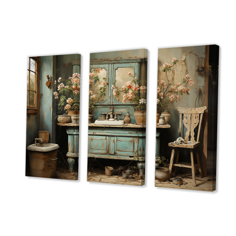 «Bathroom & Bathroom Vintage Charm I», ensemble de reproduction d'art sur toile, H 32 po x l 48 po x P 1 po
