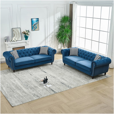 Canapé en tissu d'ameublement en velours avec accoudoirs roulés et têtes de clous 3 places et 3 places Chesterfield
