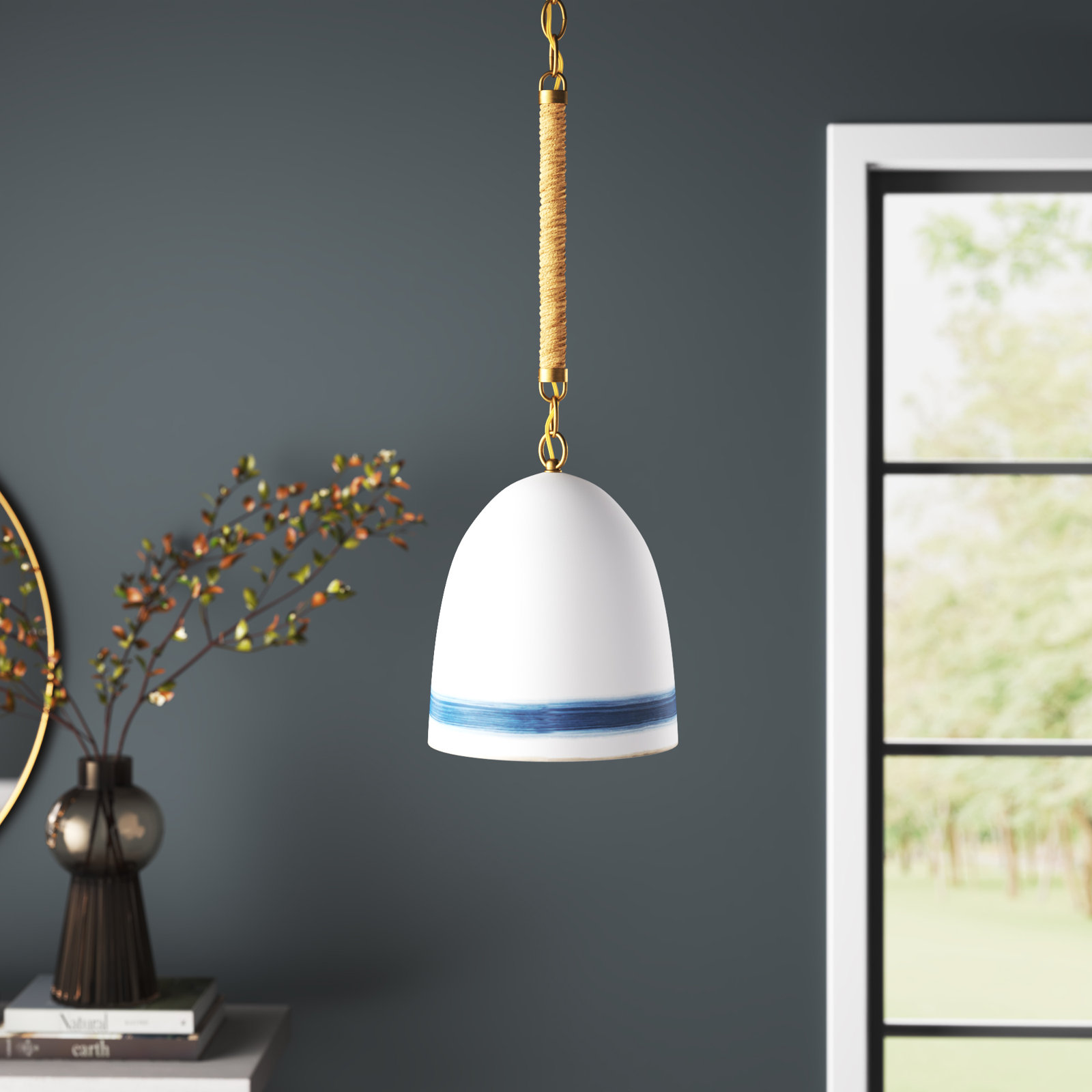 Karissa 1-Light Dimmable Sloped Ceiling Adaptable Pendant , Heirloom Brass, White/Navy Stripe