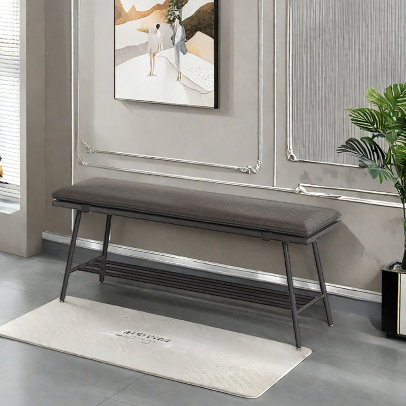 39.4in Wrought Iron Frame Shoe Storage Bench, Black/Black