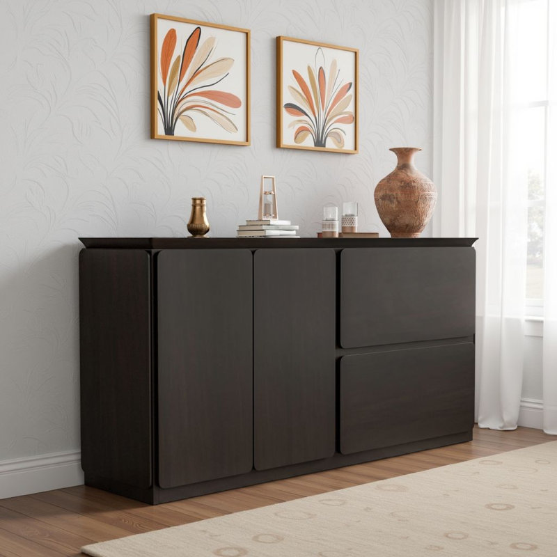 Ziva Sideboard Buffet Console, Drawers Doors, 71 Inch Black Solid Wood