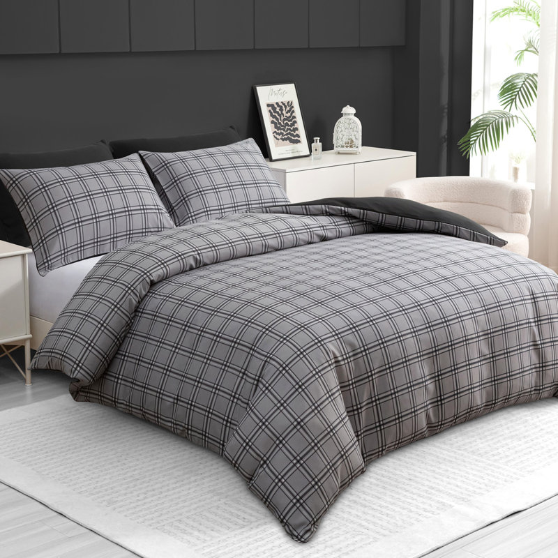 Microfiber Geometric Duvet Cover Set, Black & Grey, Superking