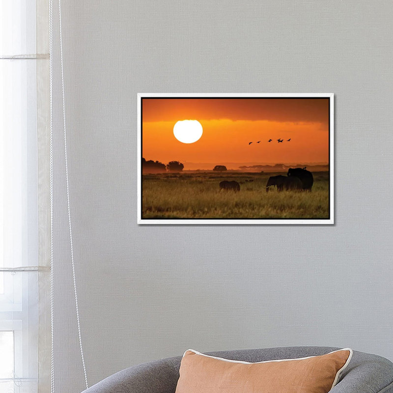 African Elephants Walking At Golden Sunrise II by Susan Richey - Gallery-Wrapped Canvas Giclée on Canvas, White Framed
