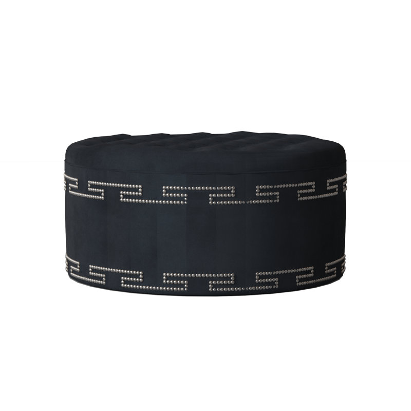Elle Upholstered Ottoman, Encore Espresso, Shiny Nickel