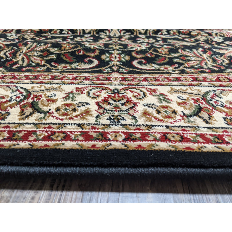 Tapis noir à motif floral, Rectangulaire 3 pi 3 po x 5 pi 4 po