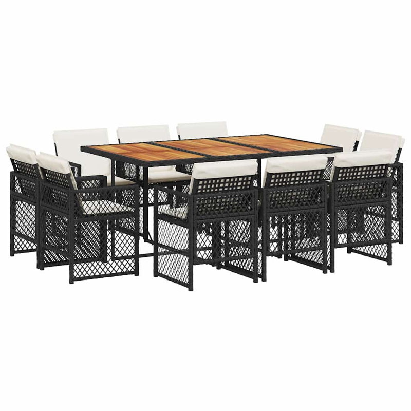 Patio Dining Set Table,, 11 Pieces: Table, 10 Chairs, 73cm H x 165cm W x 106cm D, Cream White Cushion/Black Frame