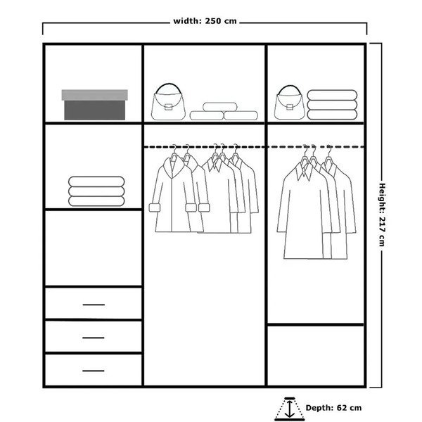 Moscow Sliding Wardrobe with Mirror Modern Bedroom Wardrobe 4 Colours 3 Sizes, Gray, 217cm H x 250cm W x 62cm D
