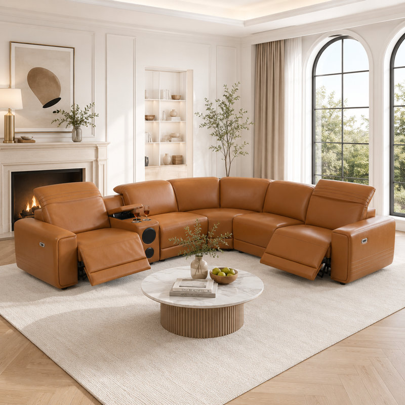 Canapé modulaire inclinable électrique en similicuir 6 pièces Victor, Jaune orange