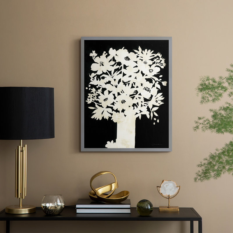Reproduction encadrée de silhouette florale - bois massif, Gris, H 30 po x l 24 po