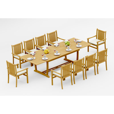11 Pcs Grade-A Teak Wood Dining Set: 118" Double Extension Mas Rectangle Trestle Leg Table  Angarano Stacking Arm Chairs #11CH2510