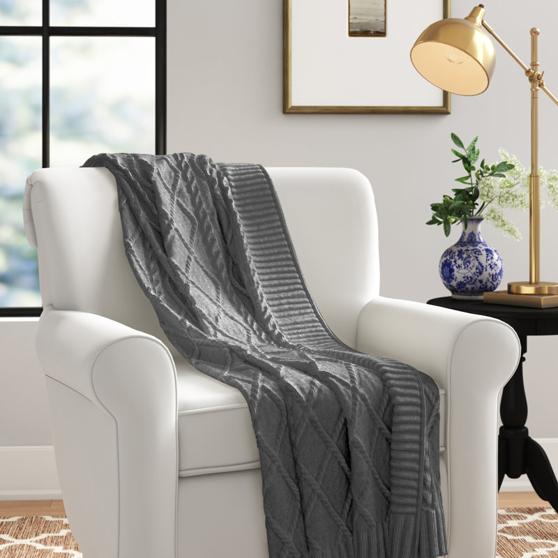 Modern Threads Creuse 100% Cotton Oversized Cable Diamond Knit Throw, Gray