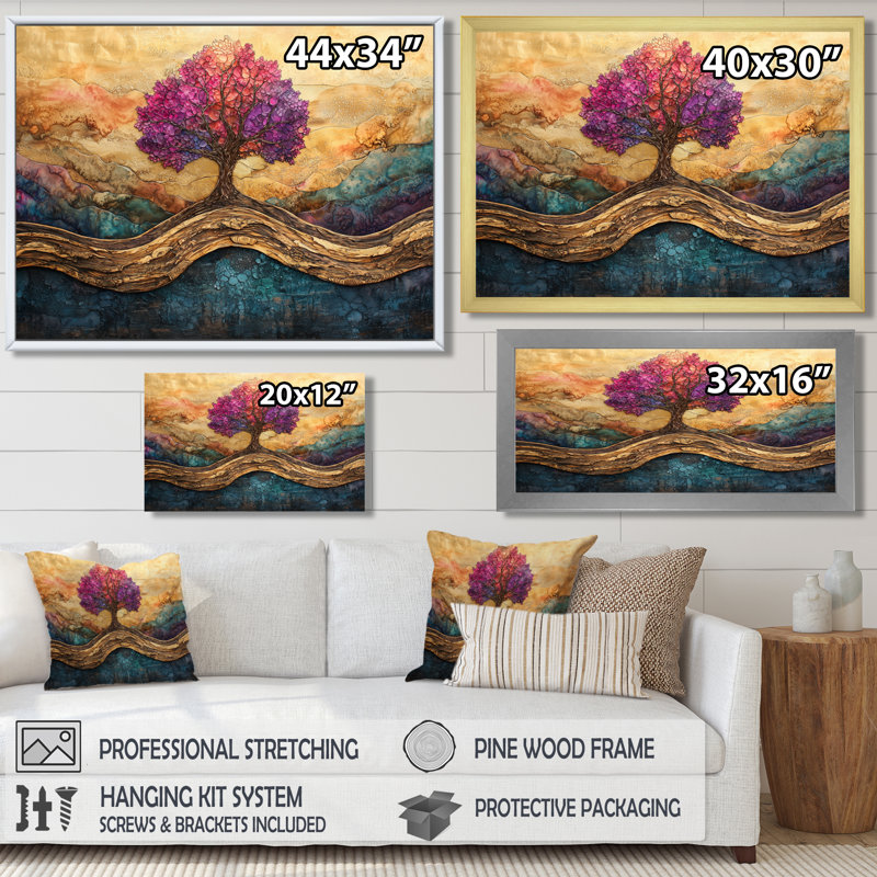 Bourgogne, arbre de vie infini sur une rivière en bois - arbre de vie, art mural, H 24 po x l 32 po, Argent argent