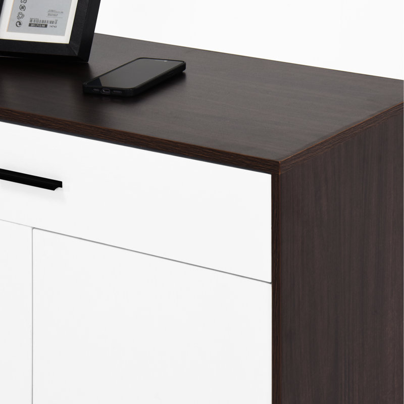 Unité de rangement pour 4 chaussures, armoire en bois avec tablettes réglables pour le couloir, 1 tiroir en noyer spacieux et fonctionnel, espace de vie principal sur support autoportant, choix de matériaux rigoureux