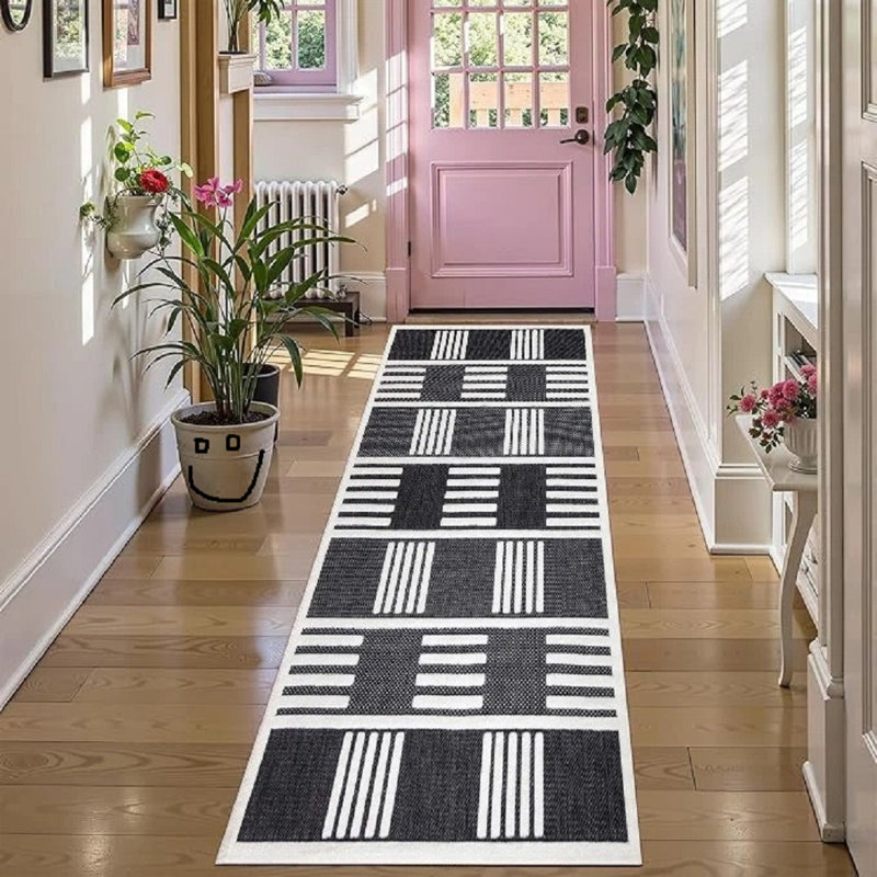 Geometric Kilim, Black Cream, Rectangle 80 cm x 150 cm