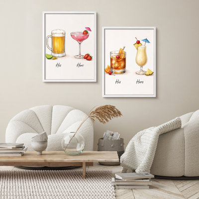 His and Hers Cocktail Drinks Framed Wall Art Prints Set of 2 - Bar Illustration Kitchen Dining Room