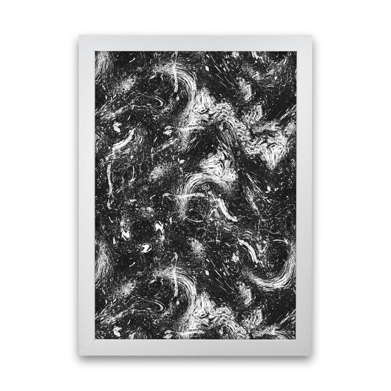 Abstract Dripping Painting Black White - Print, 63cm H x 46cm W x 3cm D, White Framed