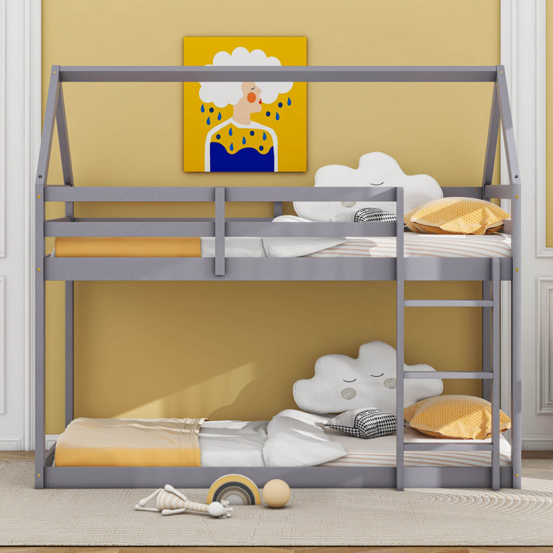 Lit simple superposé en forme de maison avec échelle, lit superposé bas en forme de maison avec barrière de sécurité, gris