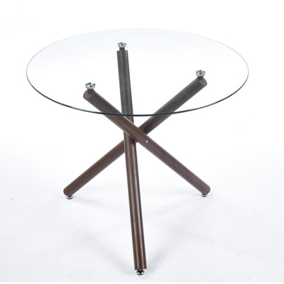 Table de salle à manger en métal de couleur noyer avec pieds en verre trempé