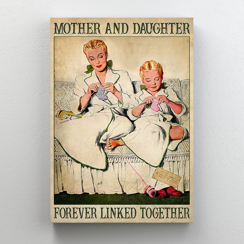 «Mother and Daughter Knitting On Canapé - Mother and Daughter Forever chaînés ensemble», 1 reproduction d'art graphique sur toile tendue